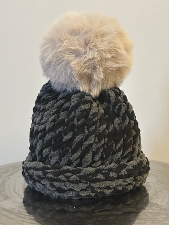 Handmade Black and Grey Hat with Pom Pom 
