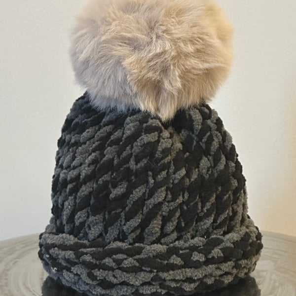 Handmade Black and Grey Hat with Pom Pom 