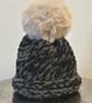 Handmade Black and Grey Hat with Pom Pom 
