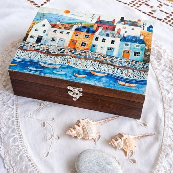 Harbour Wooden Box for Keepsakes, Jewellery, Tea Chest