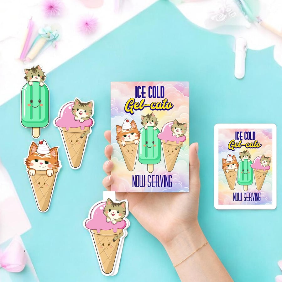 Ice Cream Cat Stationery Set, Glossy Stickers, A6 Print, Magnet, Bookmark