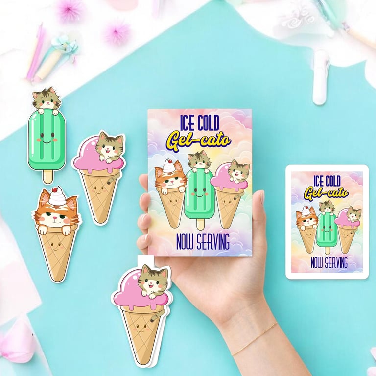 Ice Cream Cat Stationery Set, Glossy Stickers, A6 Print, Magnet, Bookmark