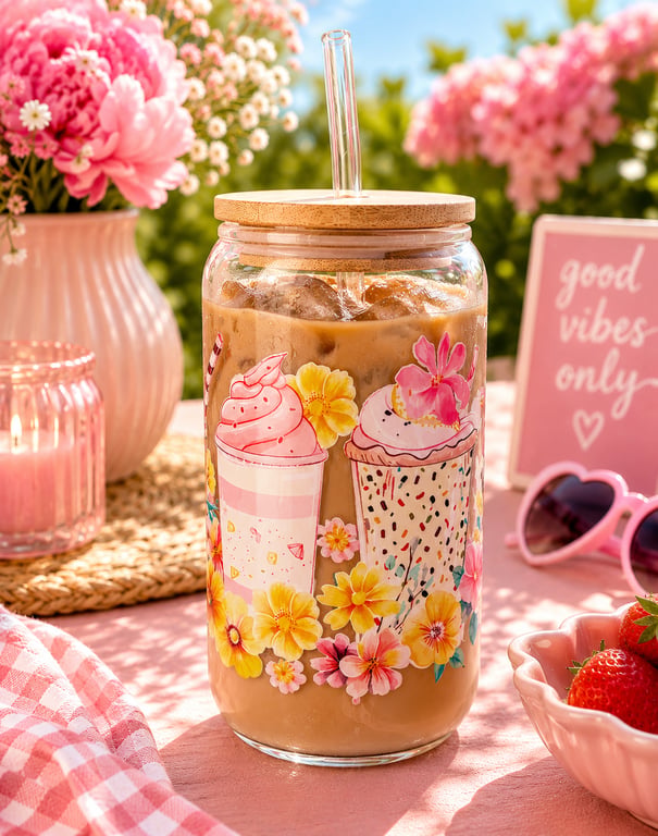 Pink Floral Iced Coffee Glass Cup - Bamboo Lid & Glass Straw - 16oz Reusable Gla