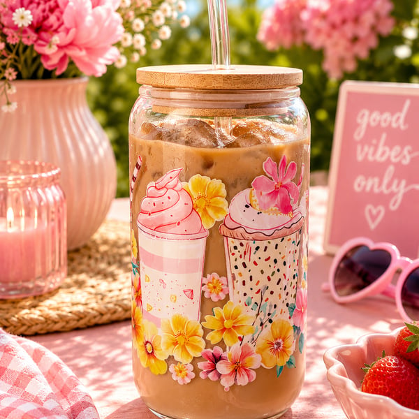 Pink Floral Iced Coffee Glass Cup - Bamboo Lid & Glass Straw - 16oz Reusable Gla