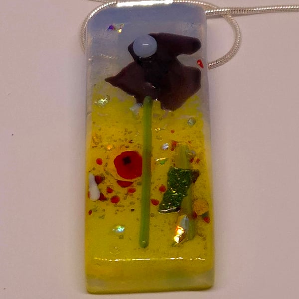 Handmade Fused Opaline Glass Pendant Necklace Poppy-field Purple Poppy