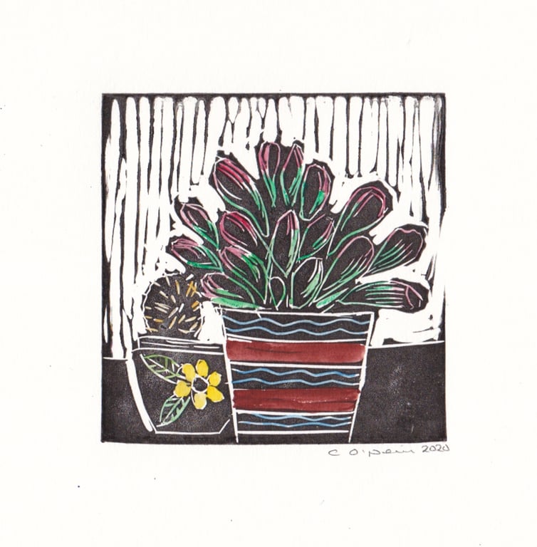 House Plant Brown stripy pot  yellow flower.  Lino print with water colour