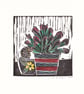 House Plant Brown stripy pot  yellow flower.  Lino print with water colour - Image 1