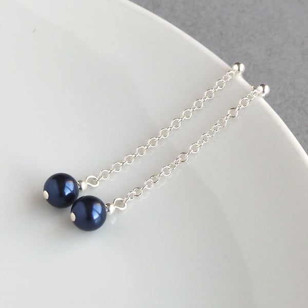 Long Navy Chain Drop Earrings - Dark Blue Pearl Bridesmaid Jewellery - Gifts 