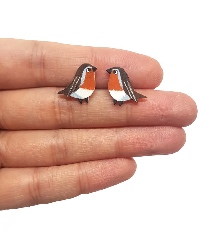 Robin Stud Earrings - Handpainted - Bird Earrings