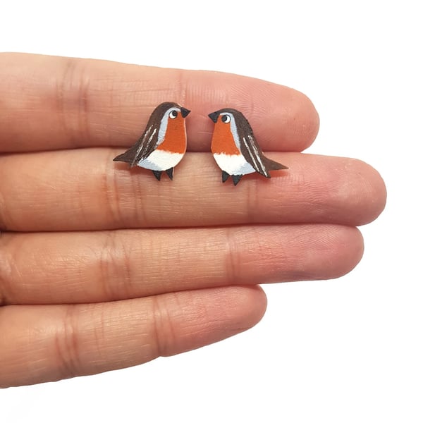 Robin Stud Earrings - Handpainted - Bird Earrings