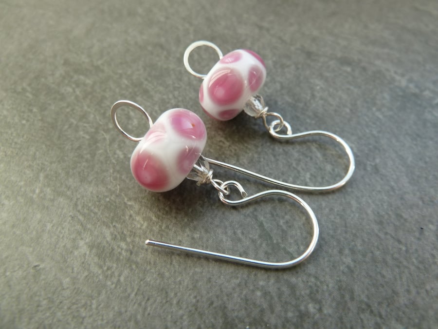 sterling silver earrings, pink polka dot lampwork glass