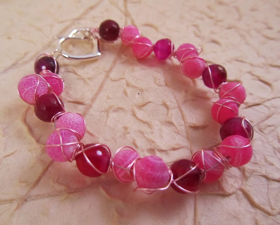 Bright Pink and Dark Pink Agate Wire Wrapped Bracelet with a Heart Clasp