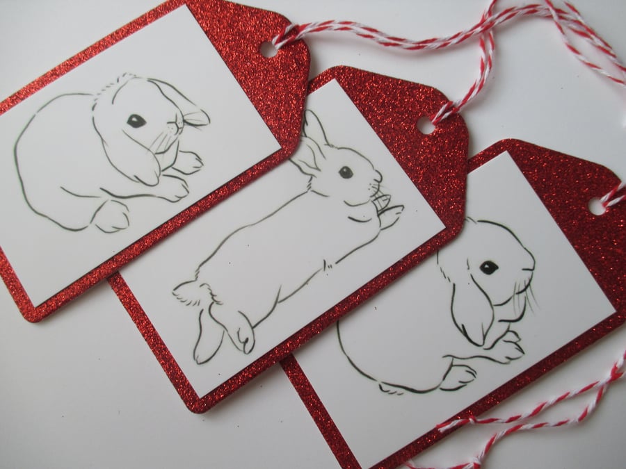 SALE Christmas Gift Tag Bunny Rabbit Line Drawing Red Glitter x 3