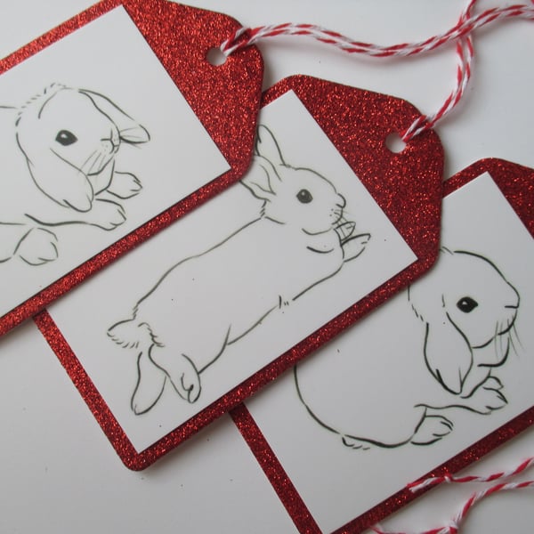 SALE Christmas Gift Tag Bunny Rabbit Line Drawing Red Glitter x 3