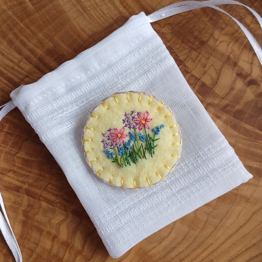 Pale Yellow Wool Felt Brooch with Hand Embroidered Flowers