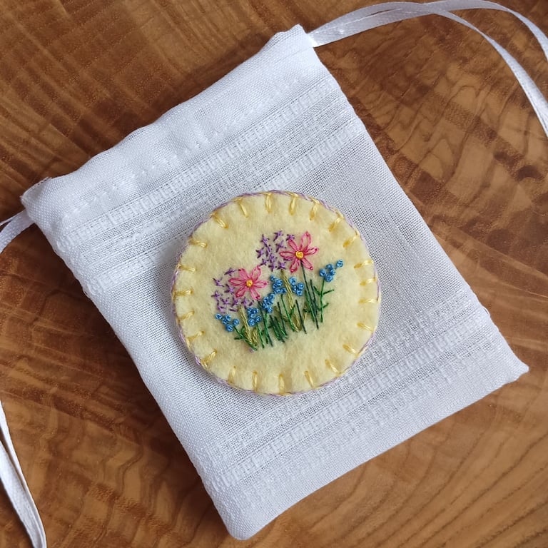 Pale Yellow Wool Felt Brooch with Hand Embroidered Flowers