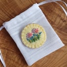 Pale Yellow Wool Felt Brooch with Hand Embroidered Flowers