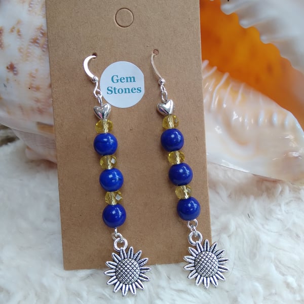BLUE HOWLITE Swarovski crystal TIBETAN silver SUNFLOWER dangly earrings