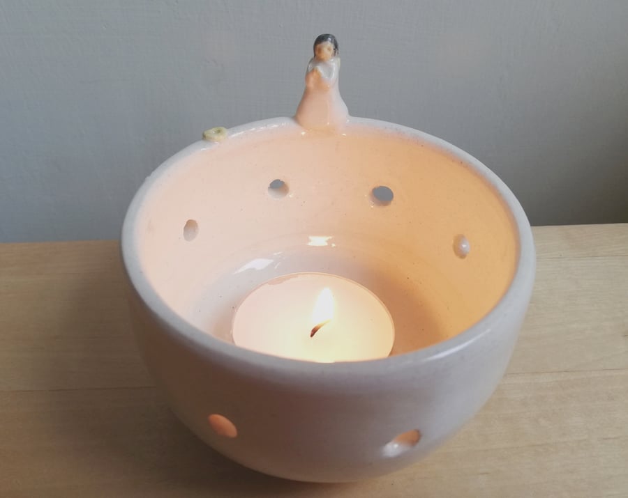 RESERVED FOR S  3 ceramic angel tealights and 2 robin candle holders