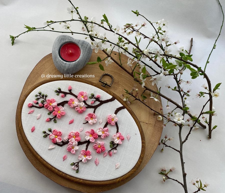 Spring flowers,Cherry blossom,Embroidery,Wall decor,Japanese Decor,Spring