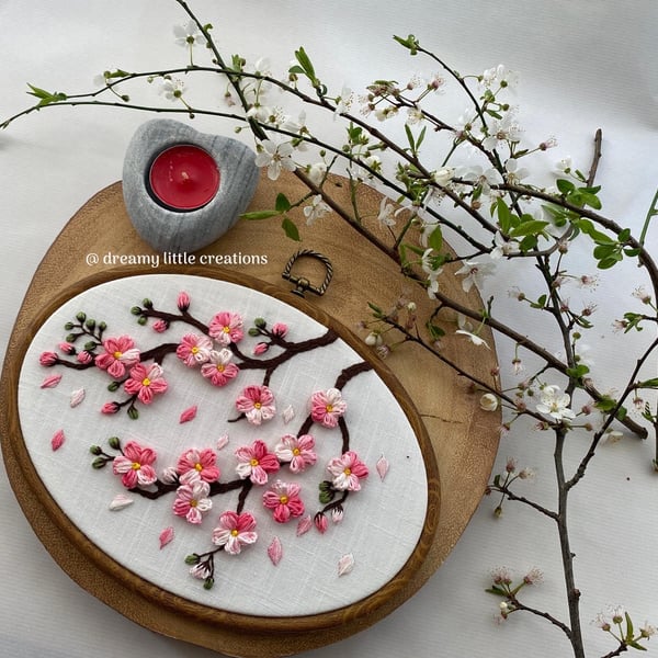 Spring flowers,Cherry blossom,Embroidery,Wall decor,Japanese Decor,Spring