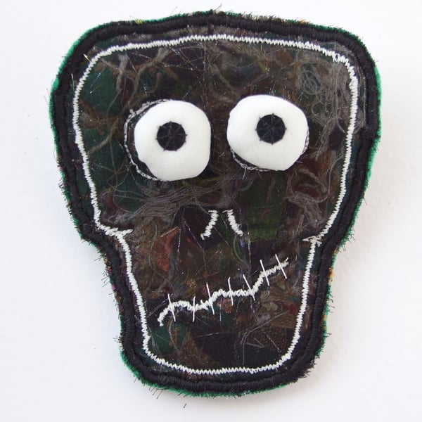 Zombie Brooch, Boggly Eyes, Glow in the Dark White Stitching, White Felt Back
