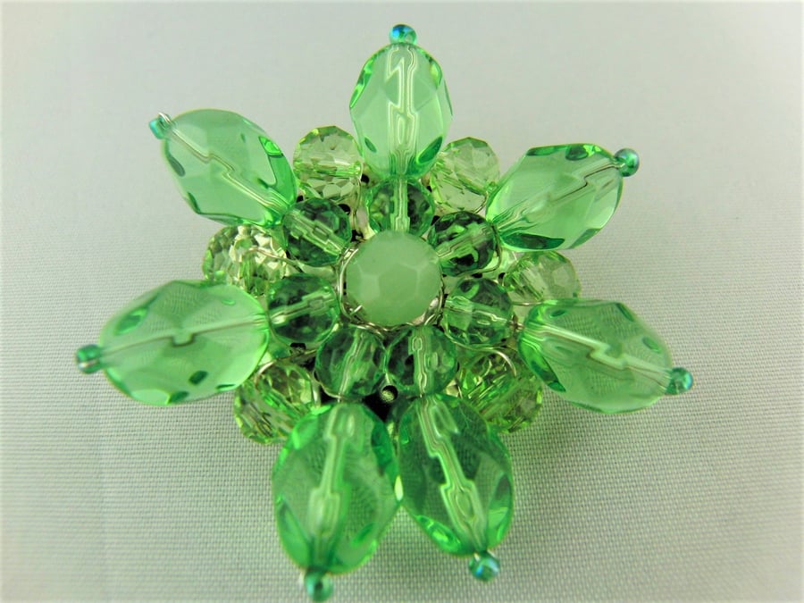 Ladies Wire Wrapped Green Crystal Beaded Flower Brooch