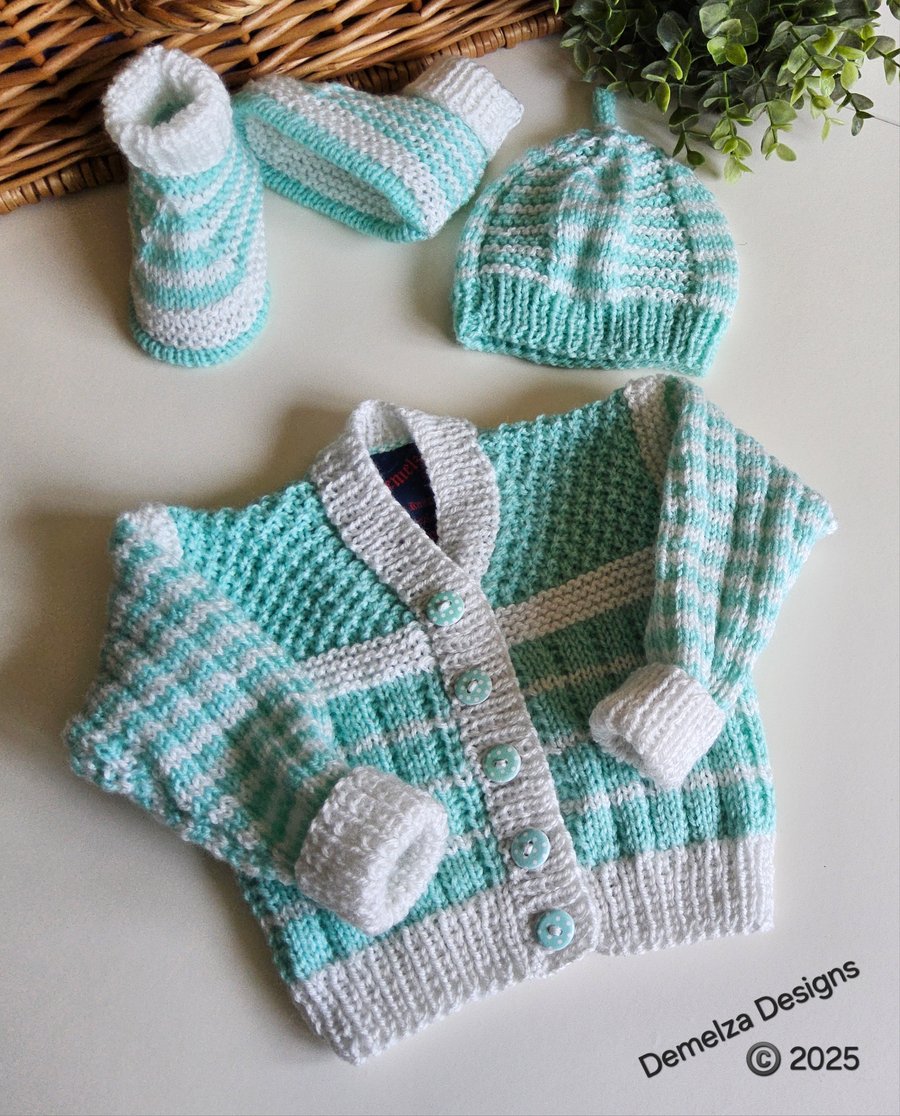 Designer Baby Cardigan, Hat & Booties Set 0-3 Months Size