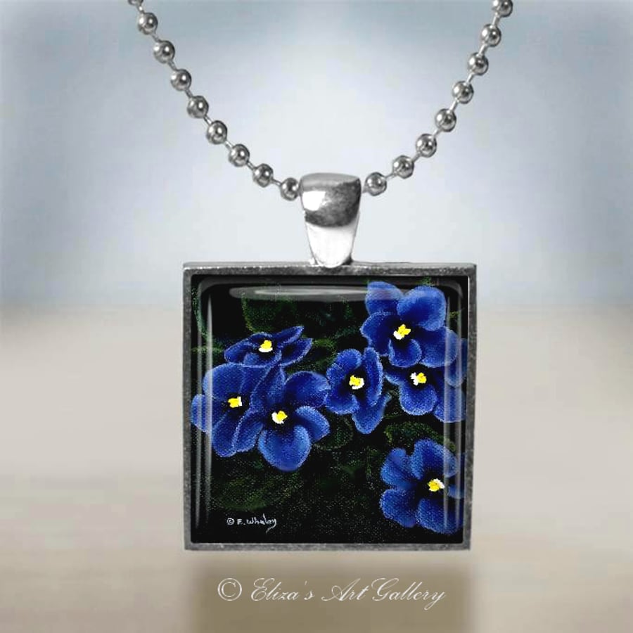 Silver Plated African Violet Flower Painting Pendant Necklace