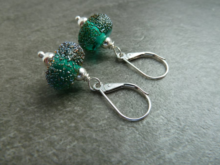 sterling silver lever back earrings, green sparkle beads