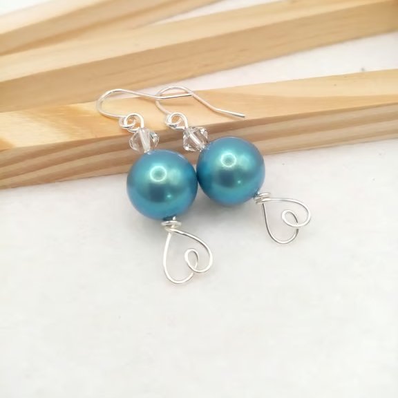 Pearlescent Blue Preciosa Pearl & Crystal Heart Dangle Earrings - Gift Boxed 