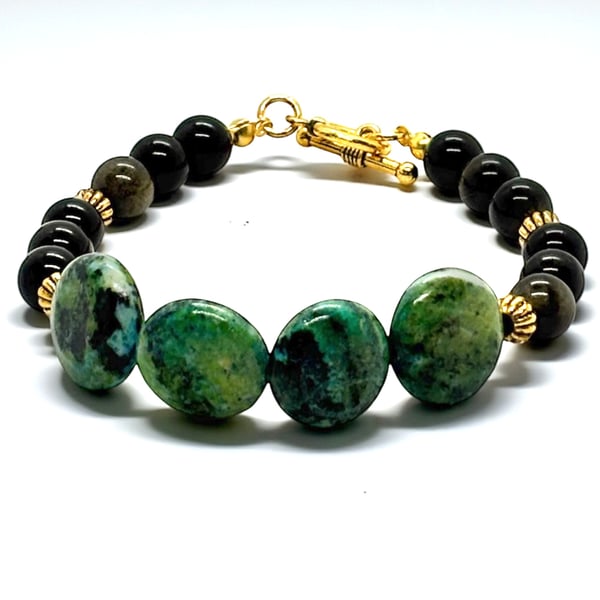 Chrysocolla and Golden Sheen Obsidian Bracelet, Chakra, one of a kind