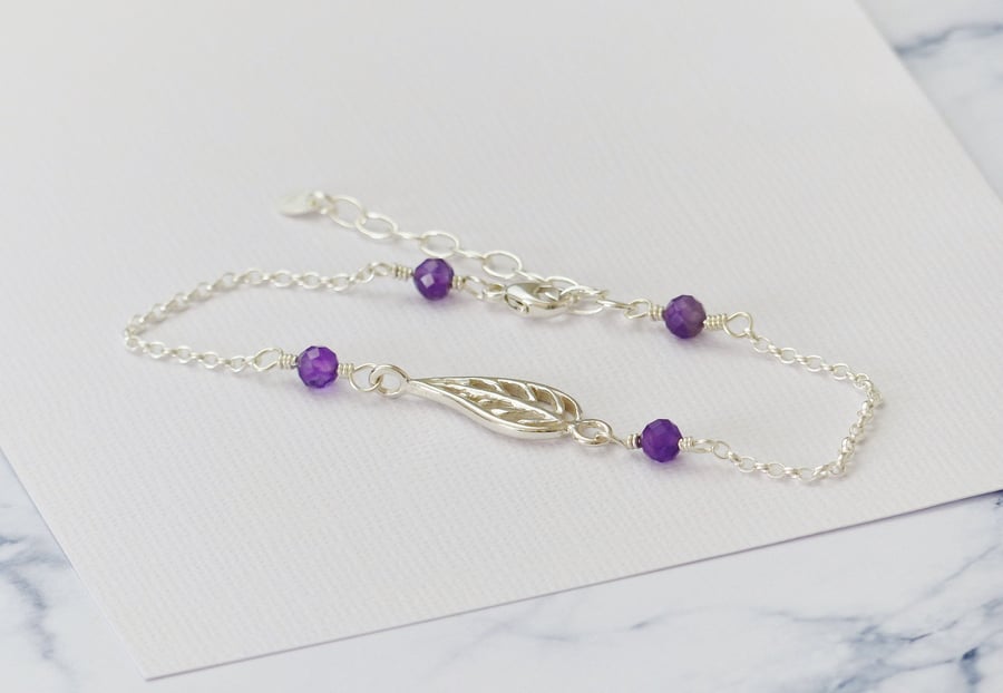 Amethyst and sterling silver leaf charm bracelet, february birthstone gift