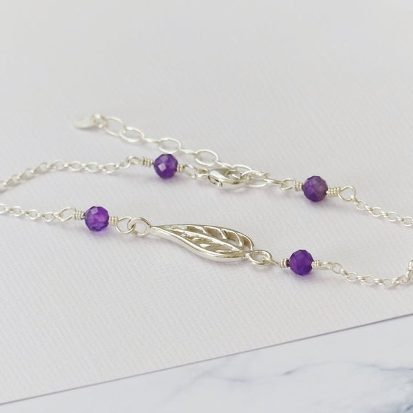 Amethyst and sterling silver leaf charm bracelet, february birthstone gift