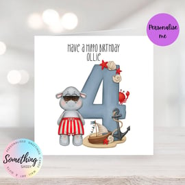 Personalised Cute Nautical Hippo Children's Birthday Card -   boys and girls