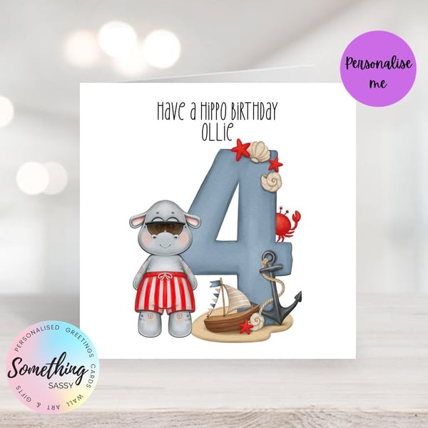 Personalised Cute Nautical Hippo Children's Birthday Card -   boys and girls