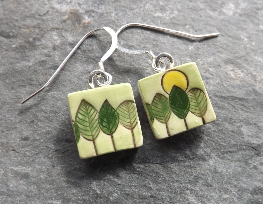 Trees ceramic and sterling silver drop earrings in green