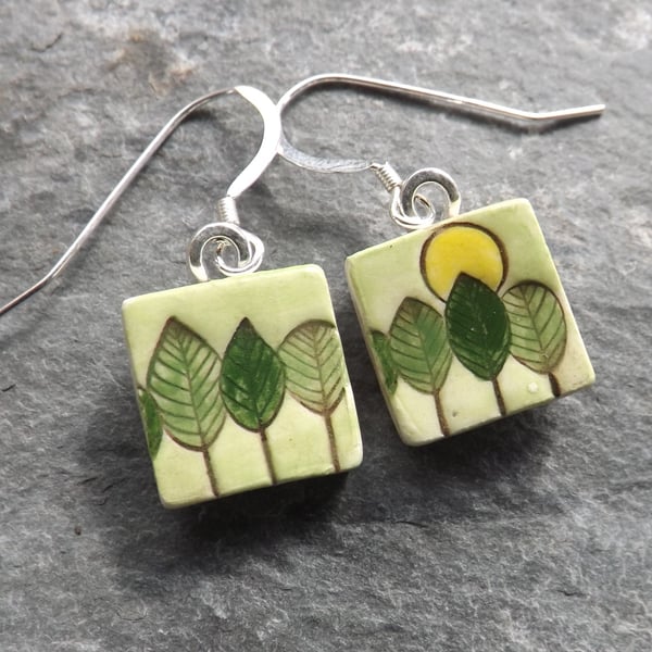 Trees ceramic and sterling silver drop earrings in green