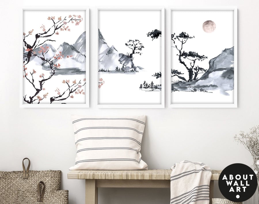 Living room art prints set of 3, Office decor wall art prints, Japandi prints, h