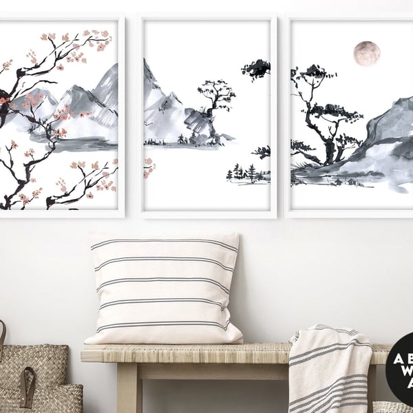 Living room art prints set of 3, Office decor wall art prints, Japandi prints, h