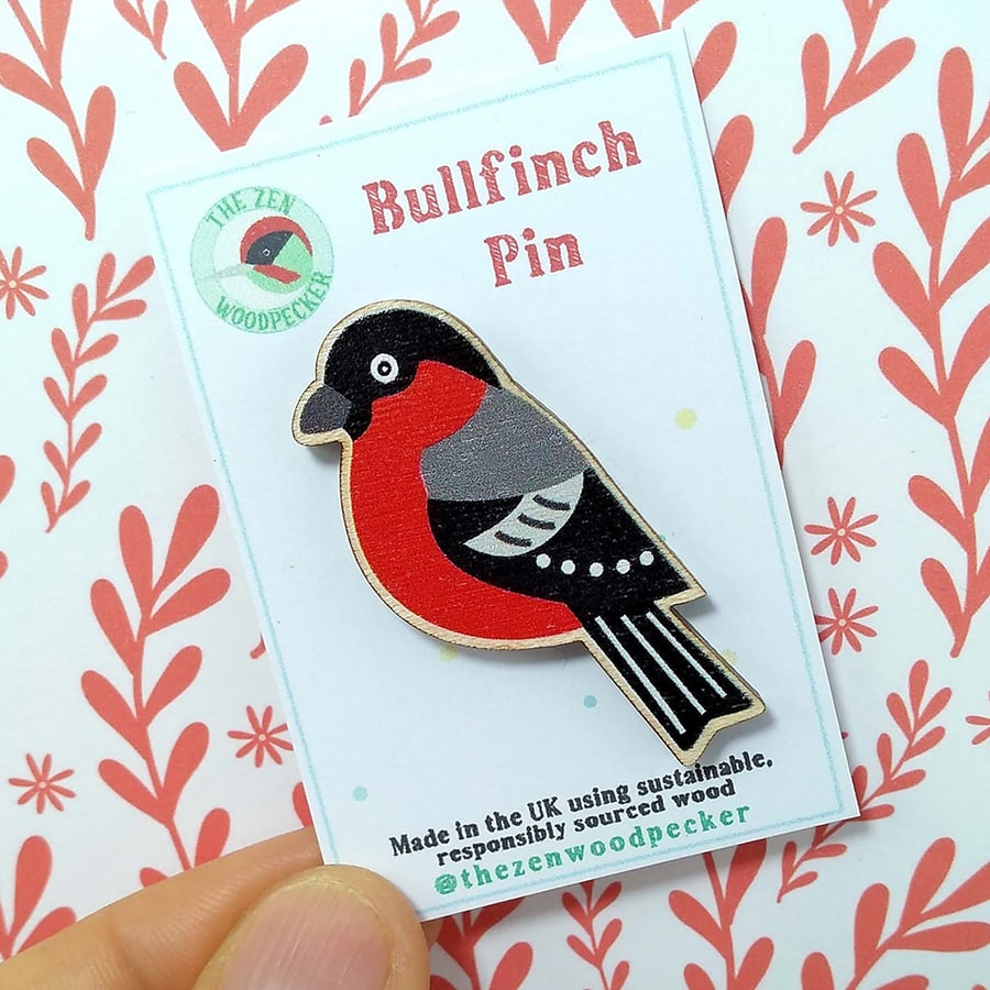Bullfinch Pin Badge, Wooden Bird Brooch