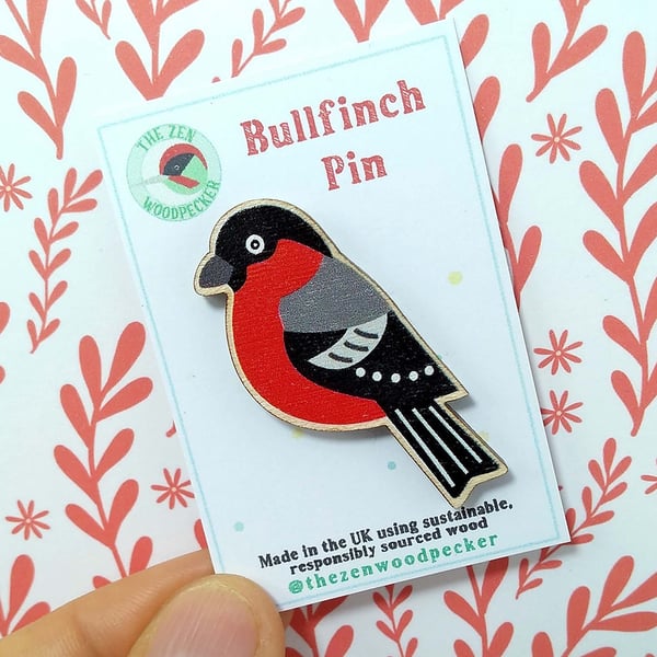 Bullfinch Pin Badge, Wooden Bird Brooch