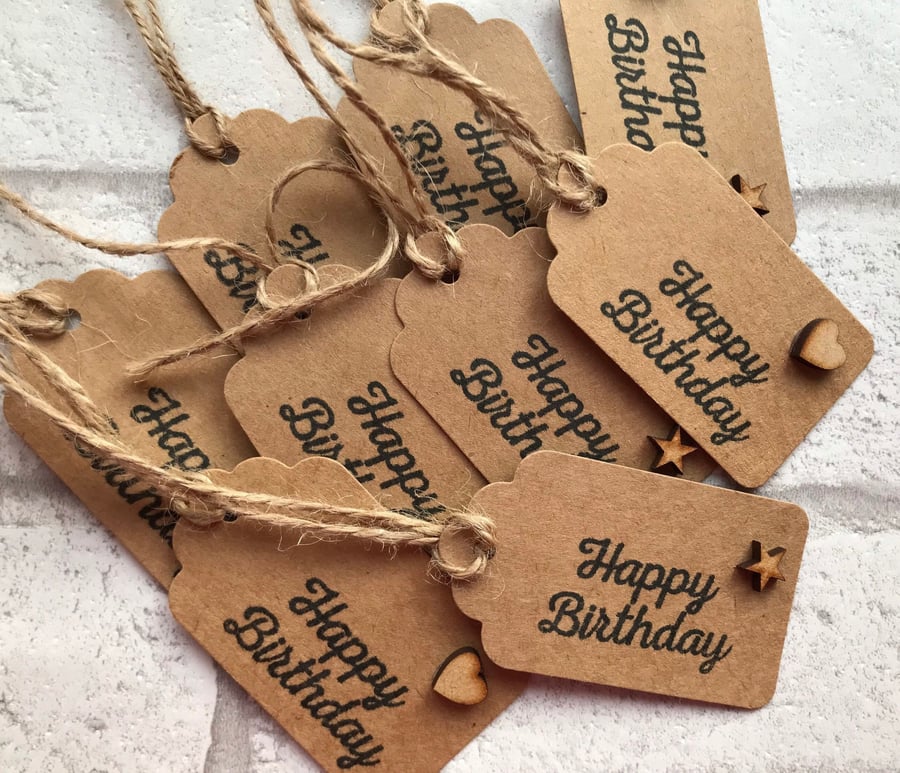 Handmade Wooden Happy Birthday Gift Tags, Heart & Star, Set of 10