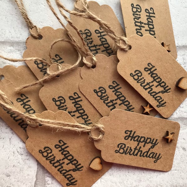 Handmade Wooden Happy Birthday Gift Tags, Heart & Star, Set of 10