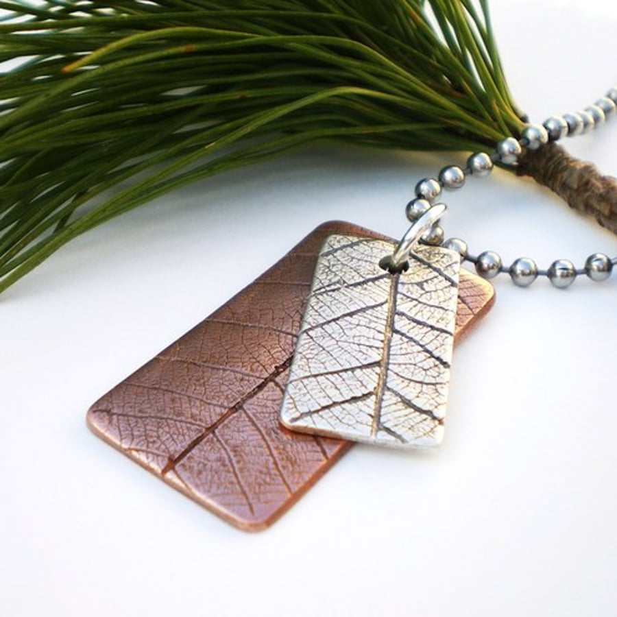 Copper and Silver Leaf Dogtag Pendant