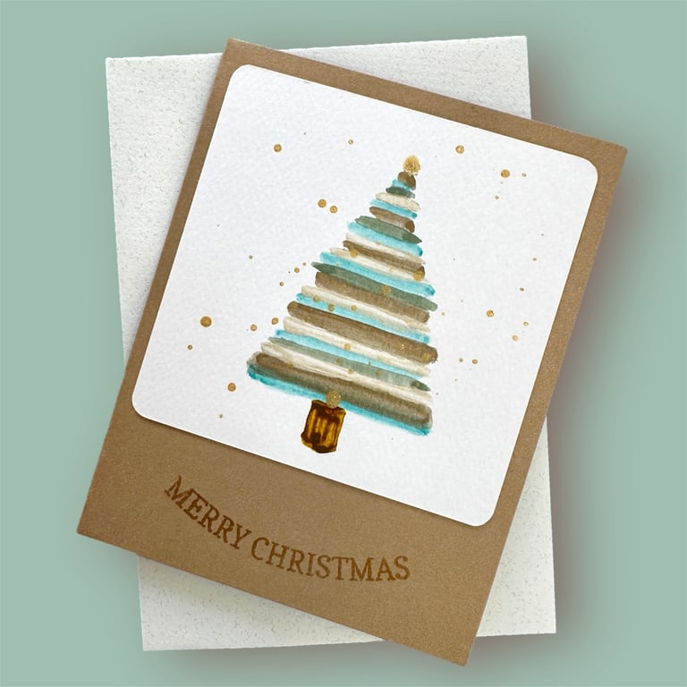 Packs of Christmas cards, trees,hand painted, metallic watercolour, sparkly card