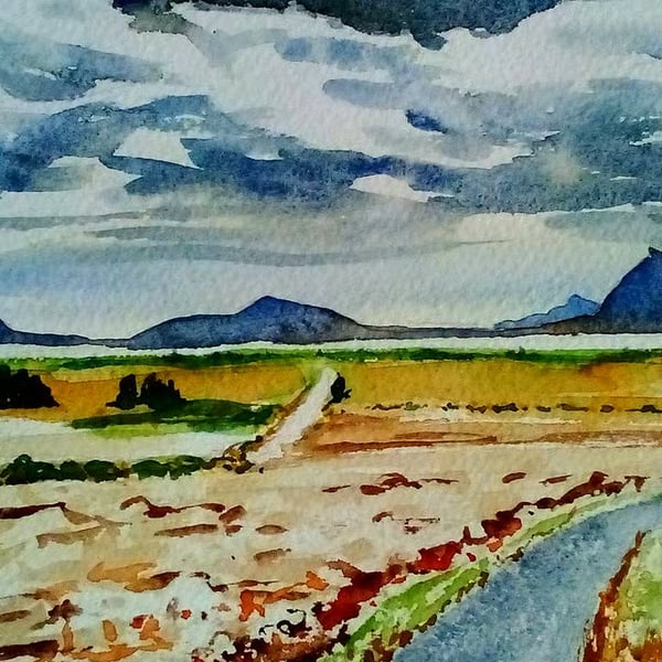 Mountains & Sea Co. Mayo, Ireland, original watercolour painting,  signed, A5.