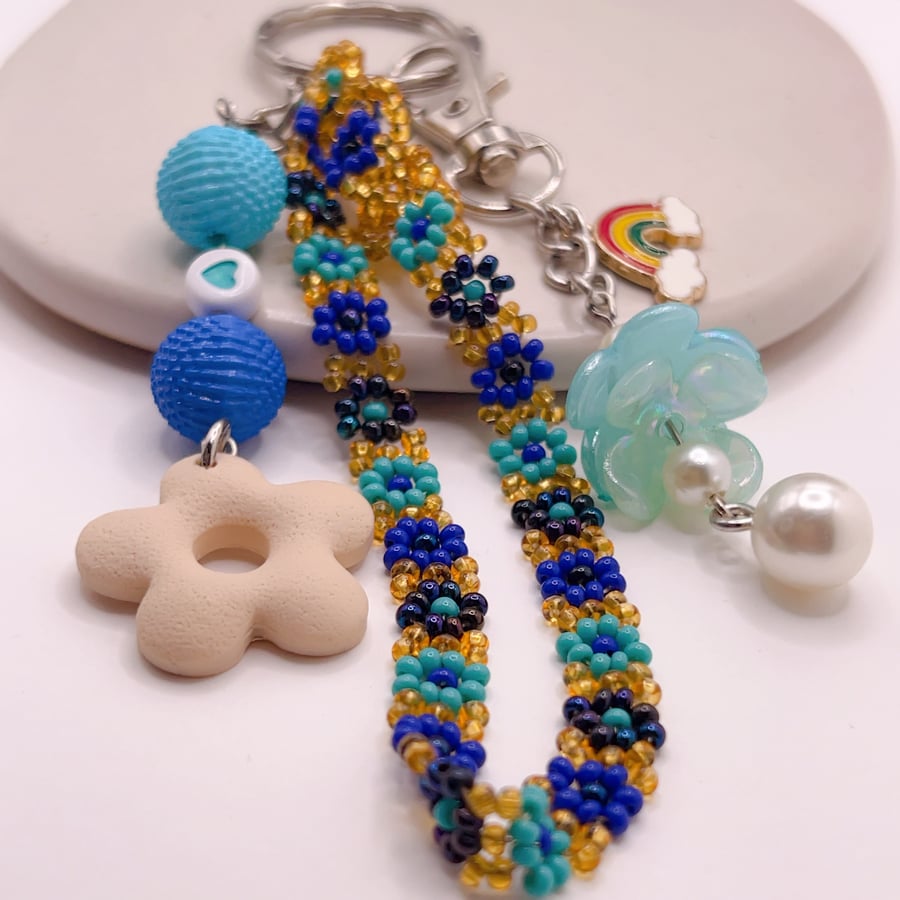 Colourful Polymer Clay Flower Keyring – Handmade Accessory for Keys or Bag