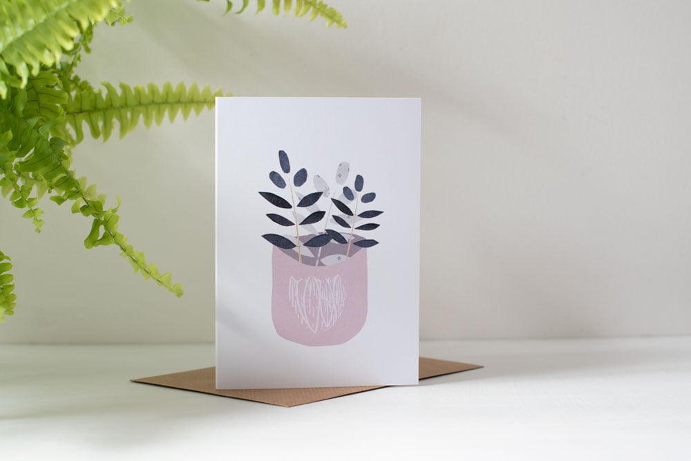 Botanically Inspired Blank Greeting Card - Blue Leaves in Pink Pot 