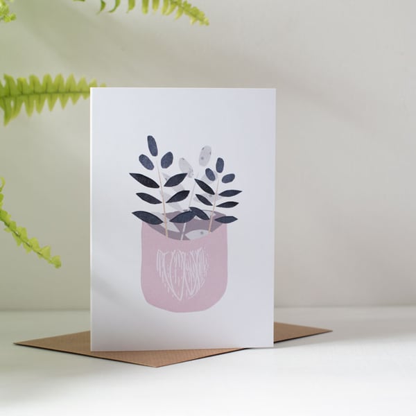 Botanically Inspired Blank Greeting Card - Blue Leaves in Pink Pot 